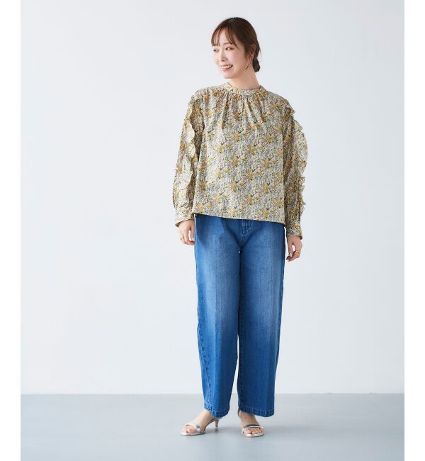 le.coeur blanc「《手洗い可能》Perle Peche フラワー柄スリーブフリルブラウス」|シャツ・ブラウス|