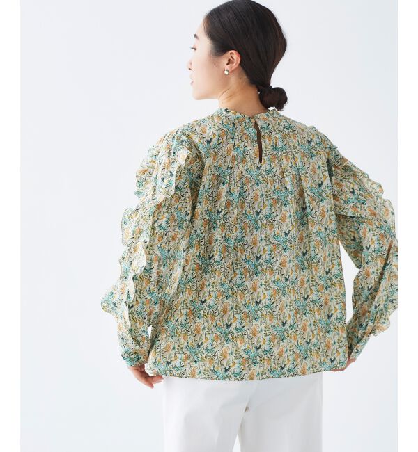 le.coeur blanc「《手洗い可能》Perle Peche フラワー柄スリーブフリルブラウス」|シャツ・ブラウス|