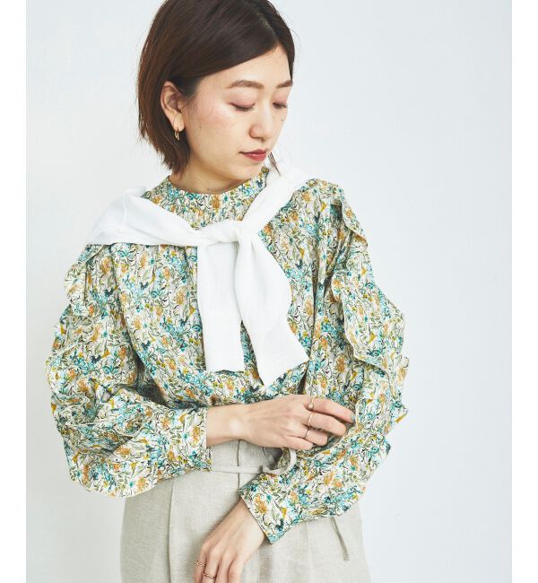 le.coeur blanc「《手洗い可能》Perle Peche フラワー柄スリーブフリルブラウス」|シャツ・ブラウス|