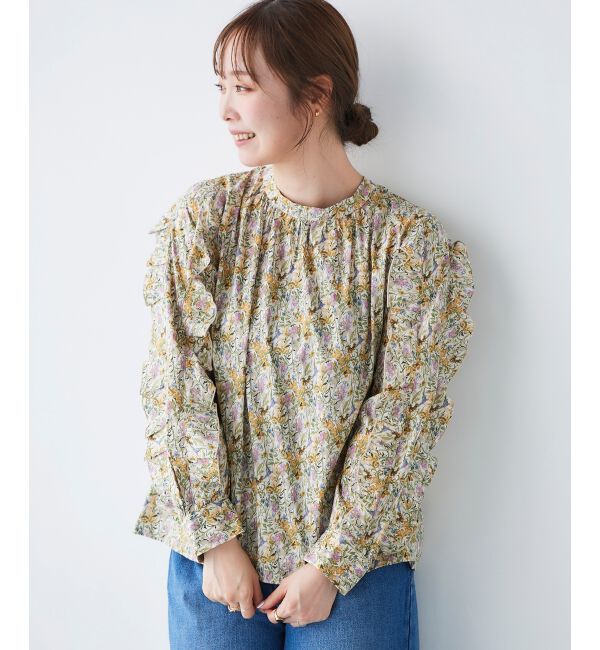 le.coeur blanc「《手洗い可能》Perle Peche フラワー柄スリーブフリルブラウス」|シャツ・ブラウス|