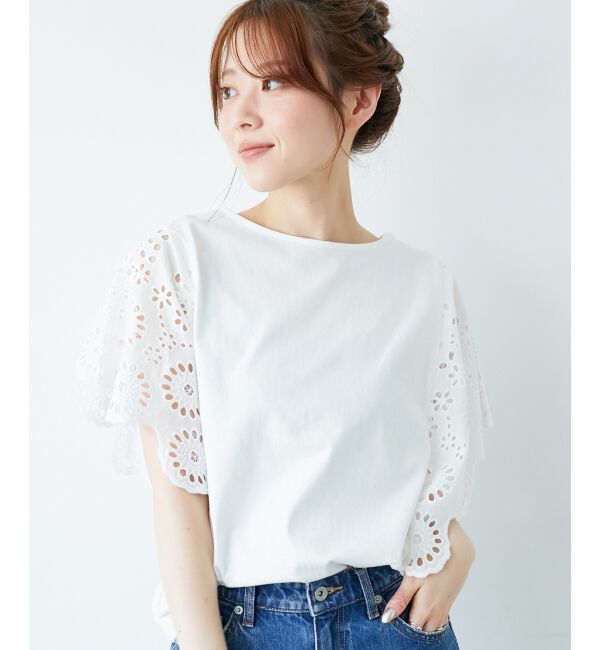  「《手洗い可能》スカラップレーススリーブカットソー」|Tシャツ・カットソー|