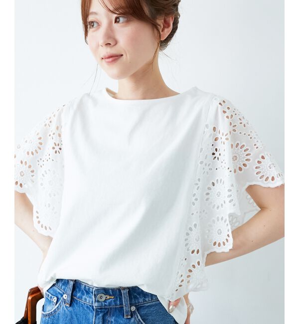  「《手洗い可能》スカラップレーススリーブカットソー」|Tシャツ・カットソー|