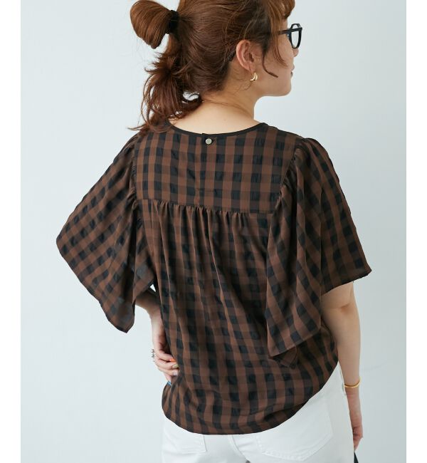  「《手洗い可能》ギンガムギャザーフレアスリーブブラウス」|シャツ・ブラウス|