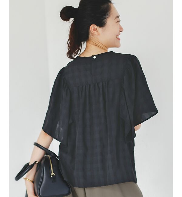  「《手洗い可能》ギンガムギャザーフレアスリーブブラウス」|シャツ・ブラウス|