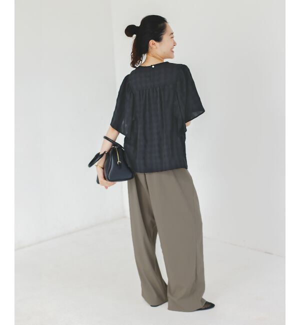  「《手洗い可能》ギンガムギャザーフレアスリーブブラウス」|シャツ・ブラウス|