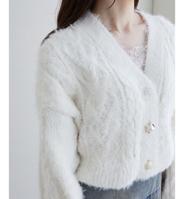 MAJESTICLEGON「フラワーモチーフボタンケーブルカーデ」|カーディガン|オフ