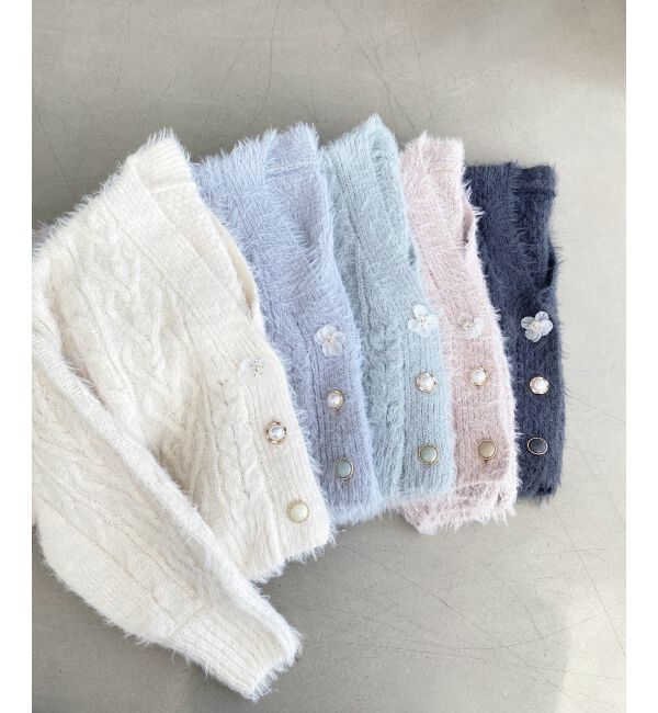 MAJESTICLEGON「フラワーモチーフボタンケーブルカーデ」|カーディガン|