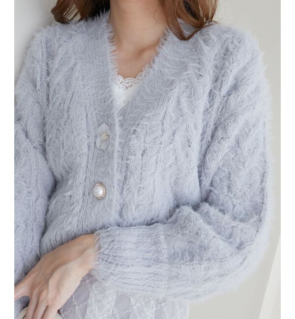 MAJESTICLEGON「フラワーモチーフボタンケーブルカーデ」|カーディガン|