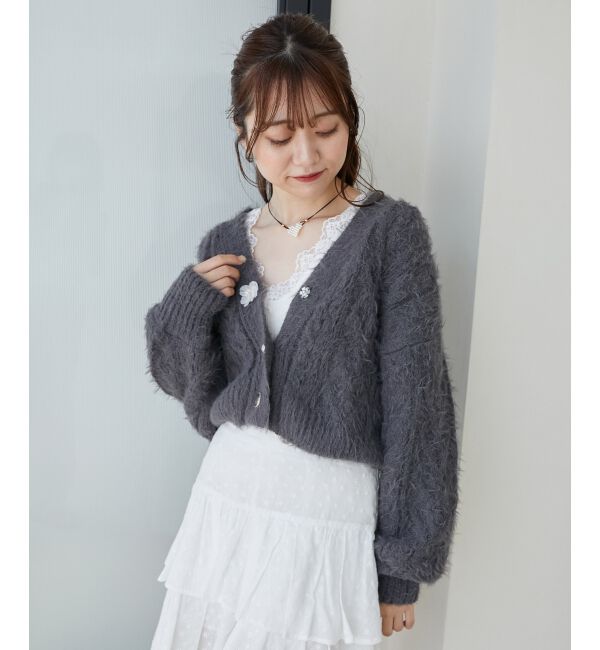 MAJESTICLEGON「フラワーモチーフボタンケーブルカーデ」|カーディガン|