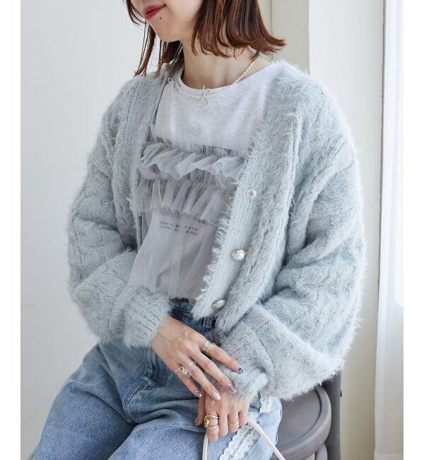 MAJESTICLEGON「フラワーモチーフボタンケーブルカーデ」|カーディガン|