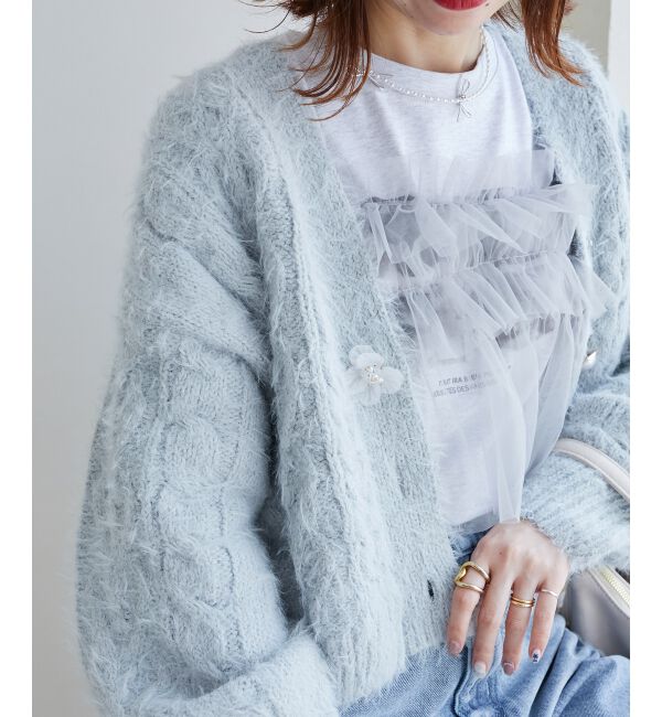 MAJESTICLEGON「フラワーモチーフボタンケーブルカーデ」|カーディガン|