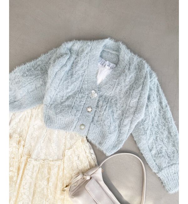 MAJESTICLEGON「フラワーモチーフボタンケーブルカーデ」|カーディガン|