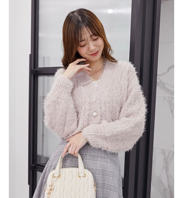 MAJESTICLEGON「フラワーモチーフボタンケーブルカーデ」|カーディガン|