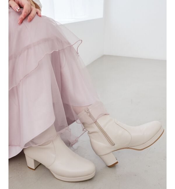 MAJESTICLEGON「フカフカヒールストレッチブーツ」|ショートブーツ|アイボリー