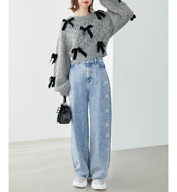 MAJESTICLEGON「リボンビジューデニムパンツ」|デニム|