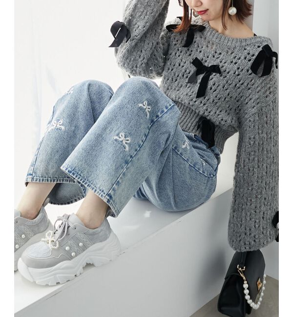 MAJESTICLEGON「リボンビジューデニムパンツ」|デニム|