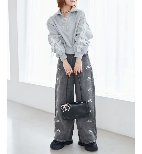 MAJESTICLEGON「リボンビジューデニムパンツ」|デニム|