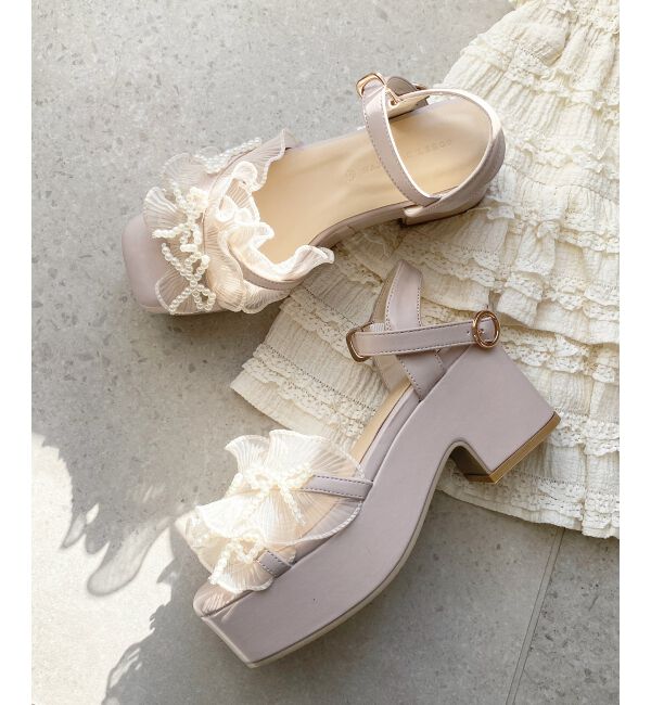  「パールリボンフリルボリュームサンダル」|サンダル|