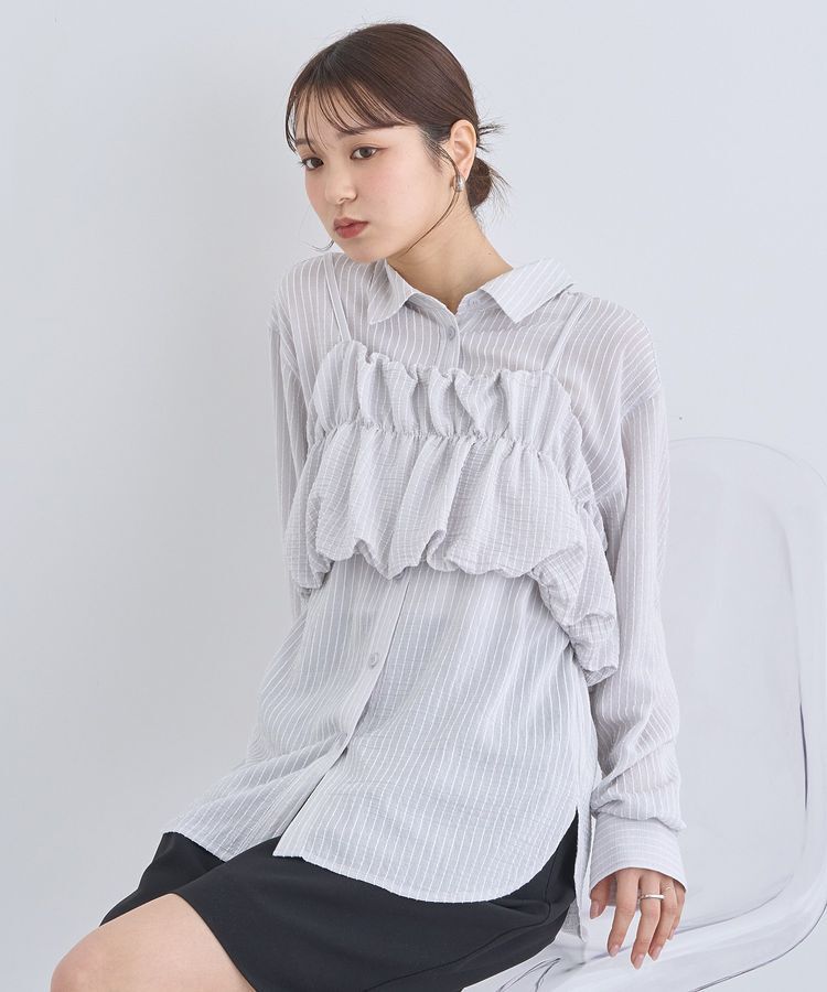 earth music&ecology「SET2点起毛ストライプシャツ+バルーンビスチェ」|シャツ・ブラウス|