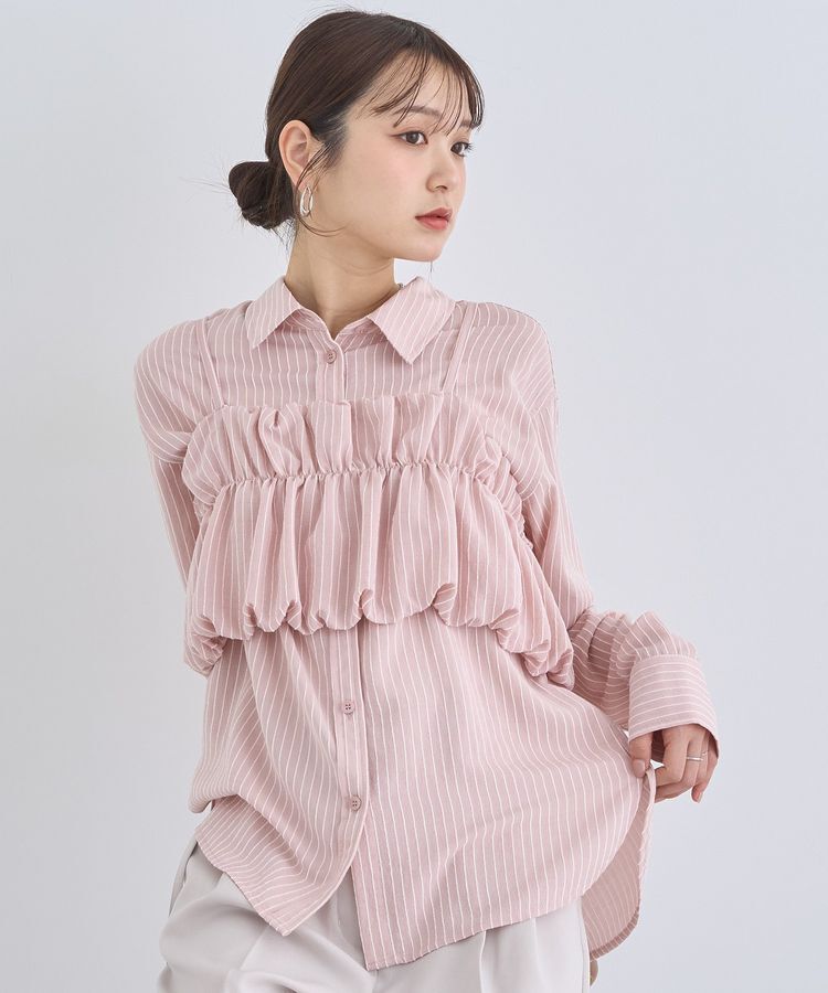 earth music&ecology「SET2点起毛ストライプシャツ+バルーンビスチェ」|シャツ・ブラウス|Pink