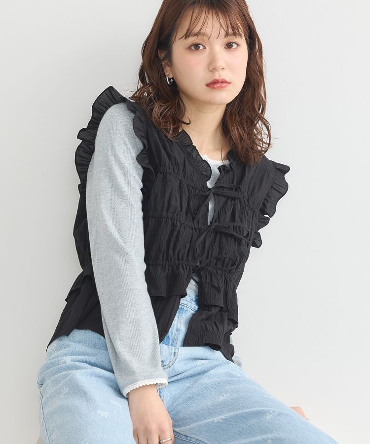 earth music&ecology「フロントリボンシャーリングベスト」|ベスト・ジレ|