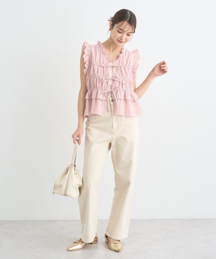 earth music&ecology「フロントリボンシャーリングベスト」|ベスト・ジレ|