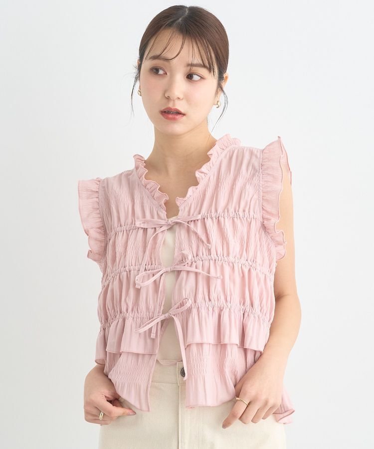 earth music&ecology「フロントリボンシャーリングベスト」|ベスト・ジレ|Pink