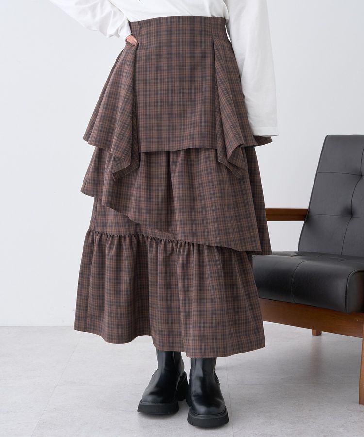 earth music&ecology「ハイウエストランダムティアードチェックスカート」|フレア|チェックブラウン