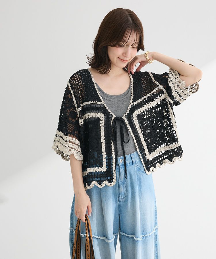 Green Parks「・ELENCARE DUE カギ針風レースカーデ」|カーディガン|Black