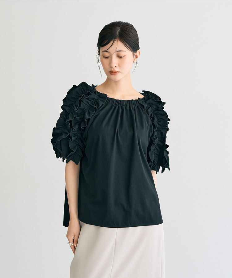 YECCA VECCA「【UVカット】フリルスリーブカットソー」|Tシャツ・カットソー|Black