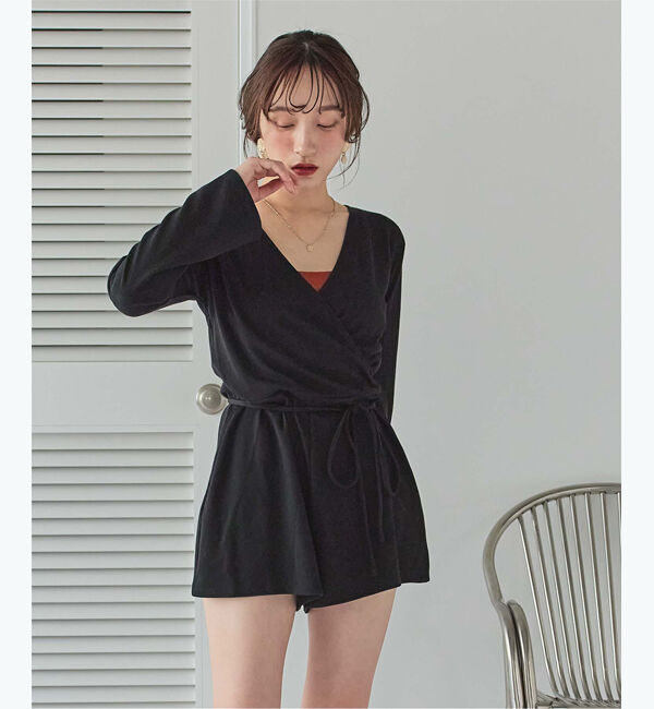 SEA DRESS「細リブカシュクールオールインワン」|コンビネゾン|ブラック