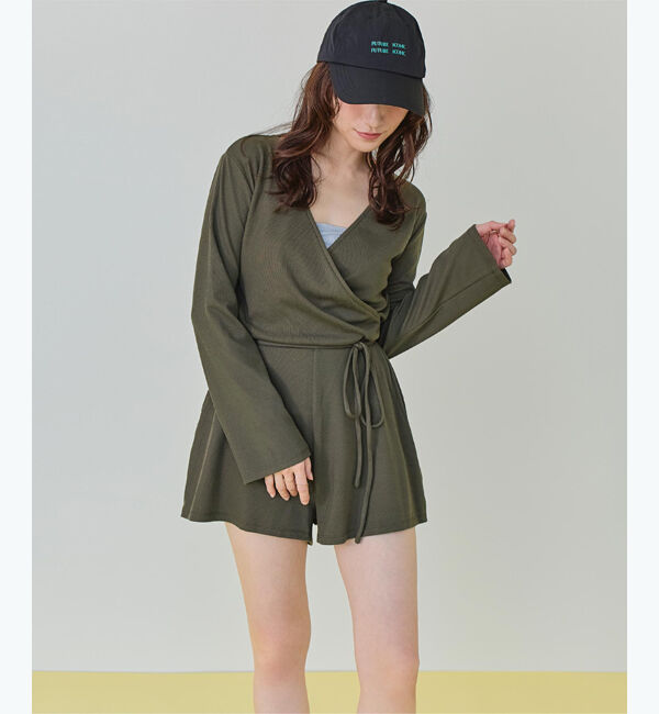 SEA DRESS「細リブカシュクールオールインワン」|コンビネゾン|カーキ