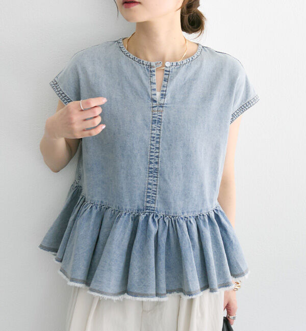  「【25th】綿麻デニムフレンチスリーブブラウス」|プルオーバー|ブルー