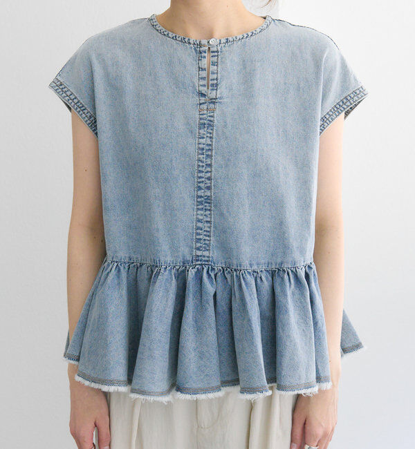  「【25th】綿麻デニムフレンチスリーブブラウス」|プルオーバー|