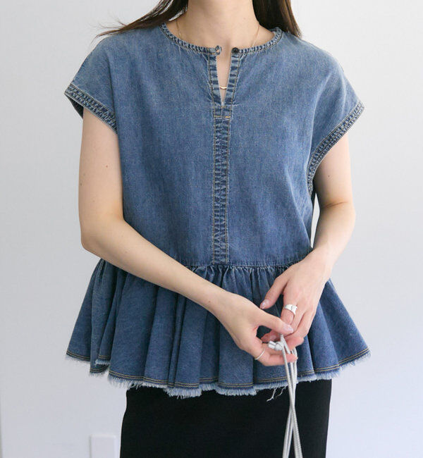  「【25th】綿麻デニムフレンチスリーブブラウス」|プルオーバー|