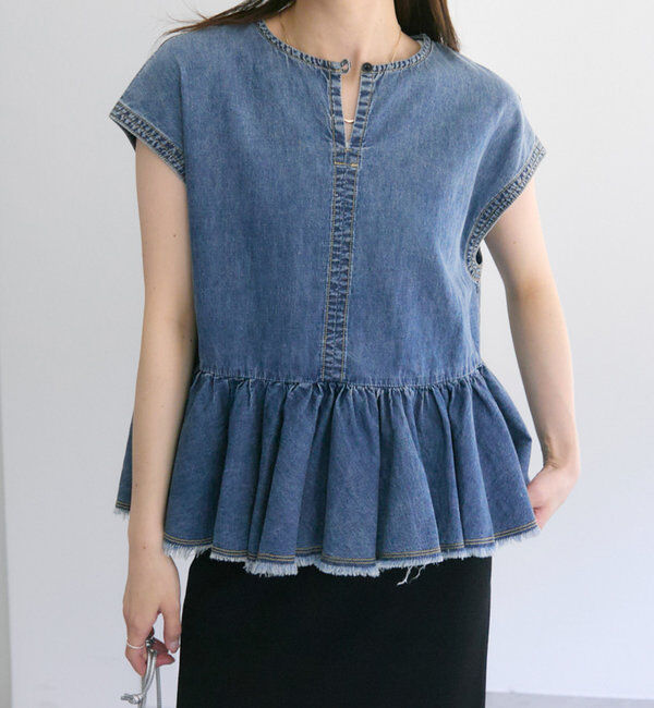  「【25th】綿麻デニムフレンチスリーブブラウス」|プルオーバー|