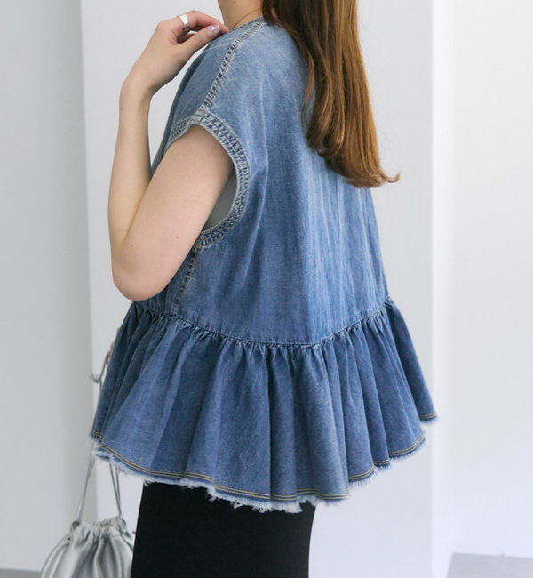 「【25th】綿麻デニムフレンチスリーブブラウス」|プルオーバー|