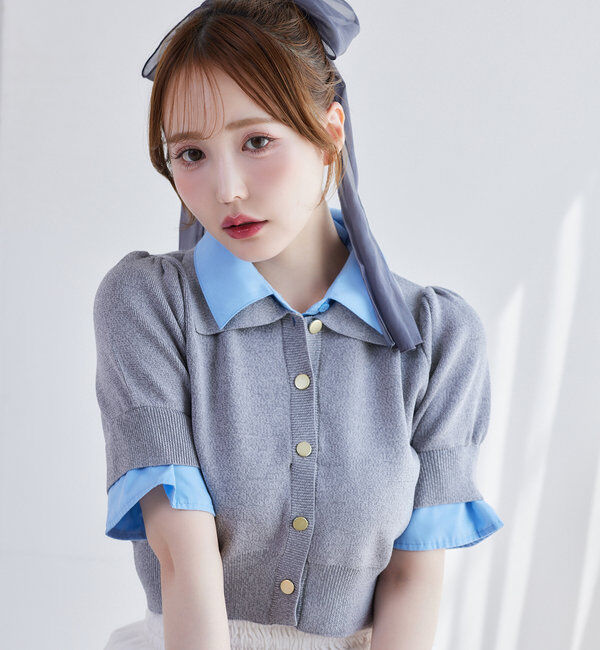  「今期トレンド/重ね襟半袖ニット」|ニット・セーター|グレー