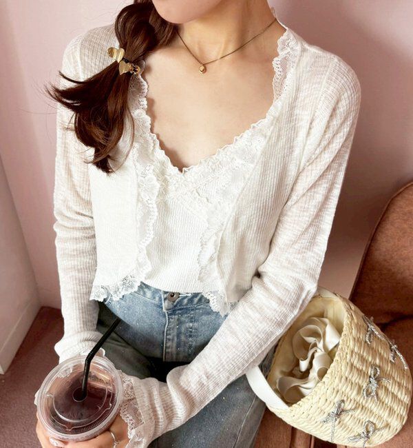  「レース切り替えシアーカーデ」|ニット・セーター|