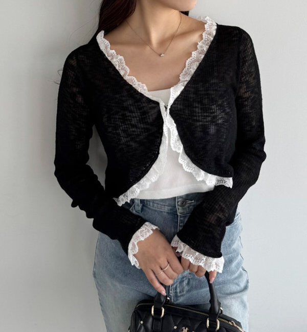  「レース切り替えシアーカーデ」|ニット・セーター|