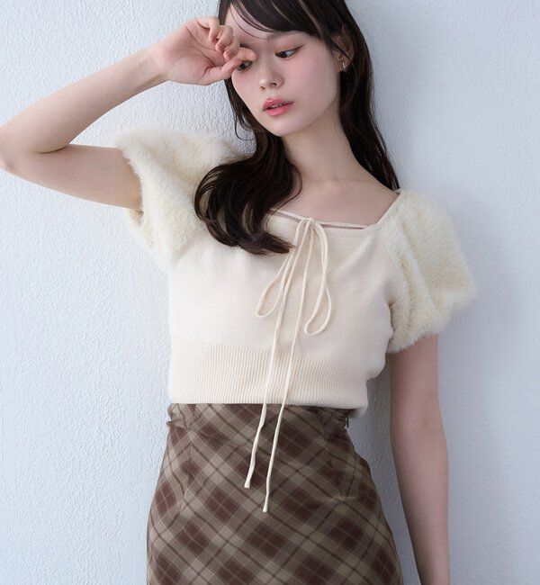  「袖フェザー半袖ニット」|ニット・セーター|アイボリー