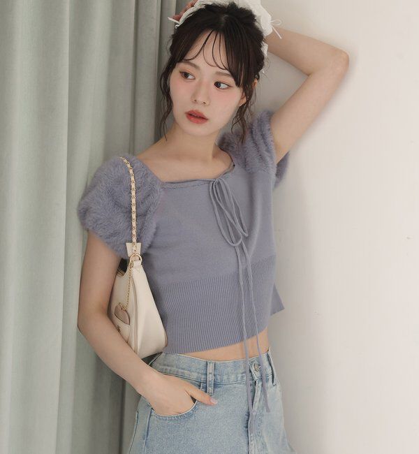  「袖フェザー半袖ニット」|ニット・セーター|ブルー