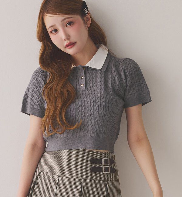  「２枚衿ケーブル半袖ニット」|ニット・セーター|