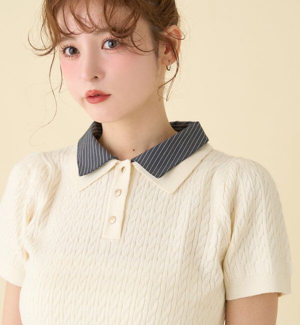  「２枚衿ケーブル半袖ニット」|ニット・セーター|