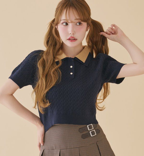  「２枚衿ケーブル半袖ニット」|ニット・セーター|ネイビー