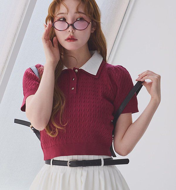  「２枚衿ケーブル半袖ニット」|ニット・セーター|