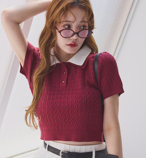  「２枚衿ケーブル半袖ニット」|ニット・セーター|