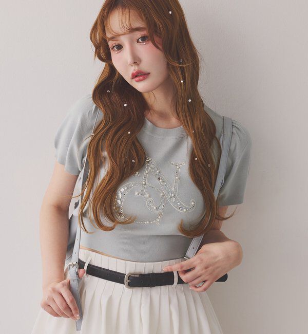  「ロゴビジューニット」|ニット・セーター|ブルーグレー