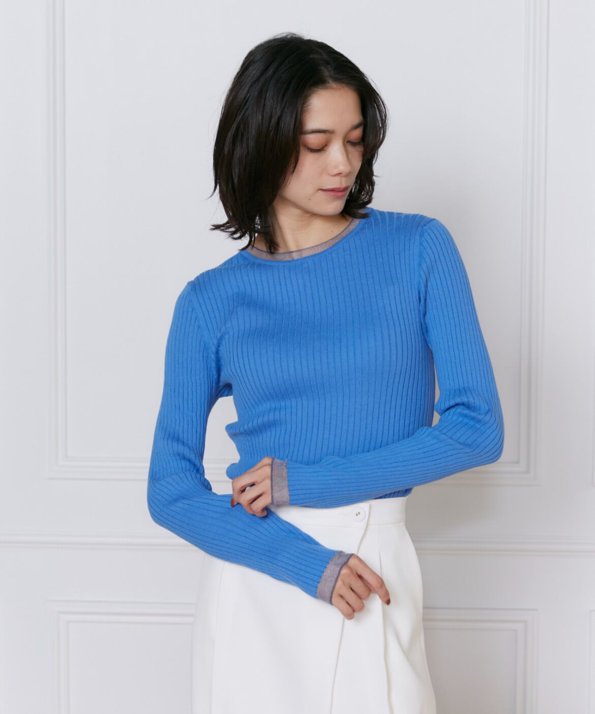 INED「《大きいサイズ》シアードッキングリブニット」|ニット・セーター|ブルー1