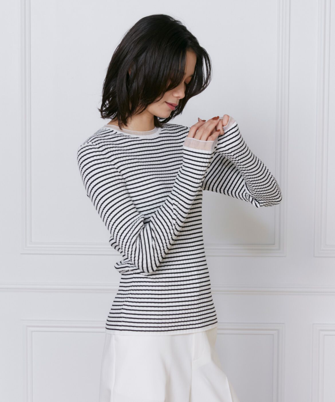 INED「《大きいサイズ》シアードッキングリブニット」|ニット・セーター|ボーダー7